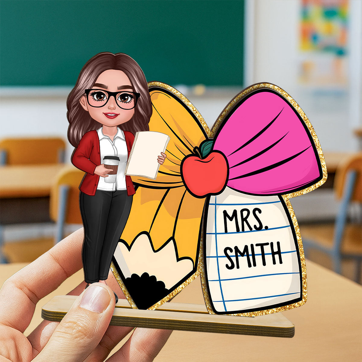 Teacher Pencil Coquette Bow Personalized Wooden Desk Name Plaque