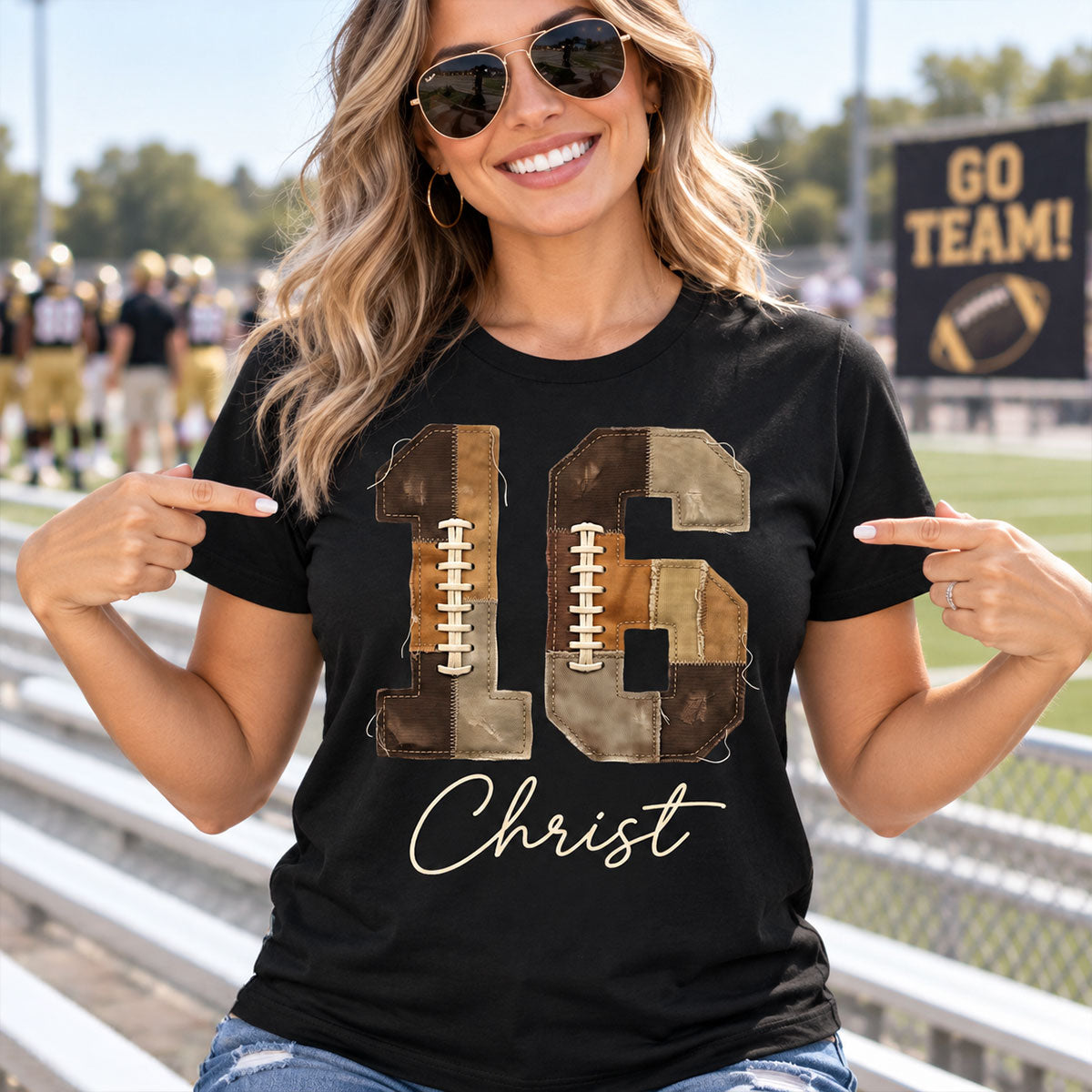 Custom Football Number and Name - Personalized Shirt - Sports Mom Faux Patchwork Tee, Game Day