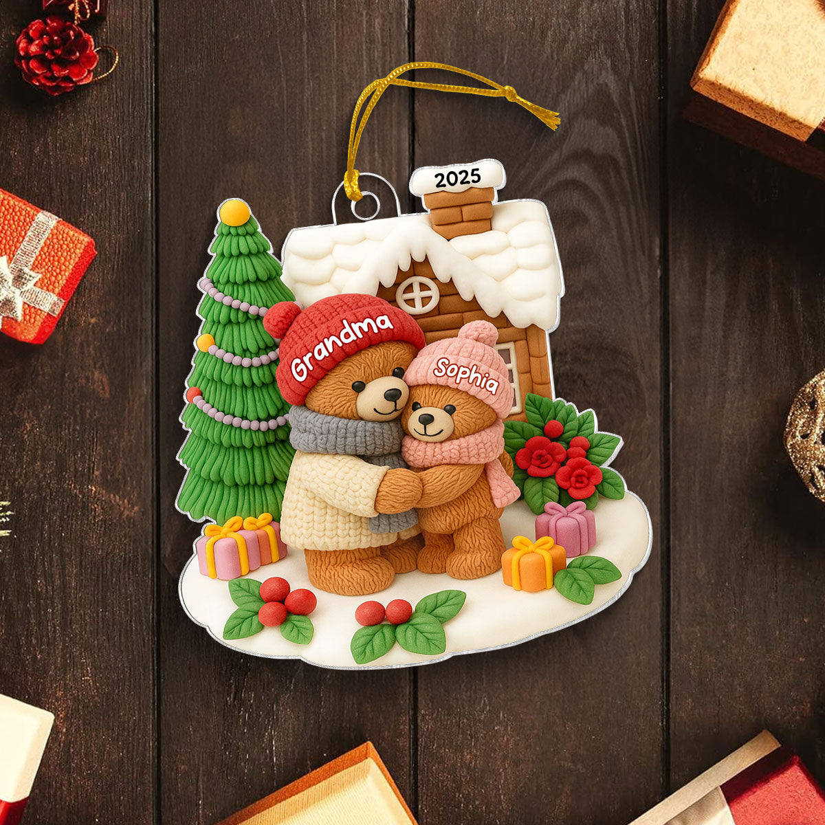 Grandma Bear Hugging Grandkids Personalized Acrylic Ornament, Christmas Gift for Granddaughter, Grandson, Grandkids
