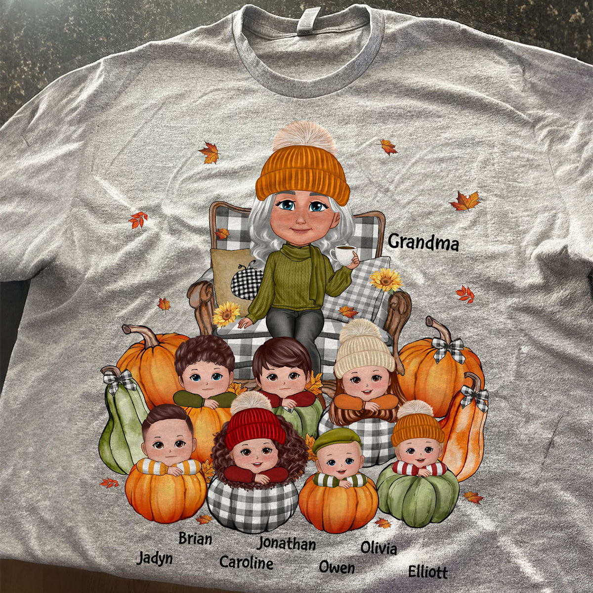 Grandma Sitting On Chair & Kids Pumpkin - Personalized Shirt