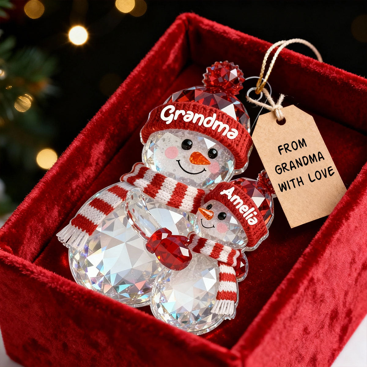 3D Effect Flat Snowman Grandma Hugging Grandkid Christmas - Personalized Acrylic Ornament - Gift For Grandkids