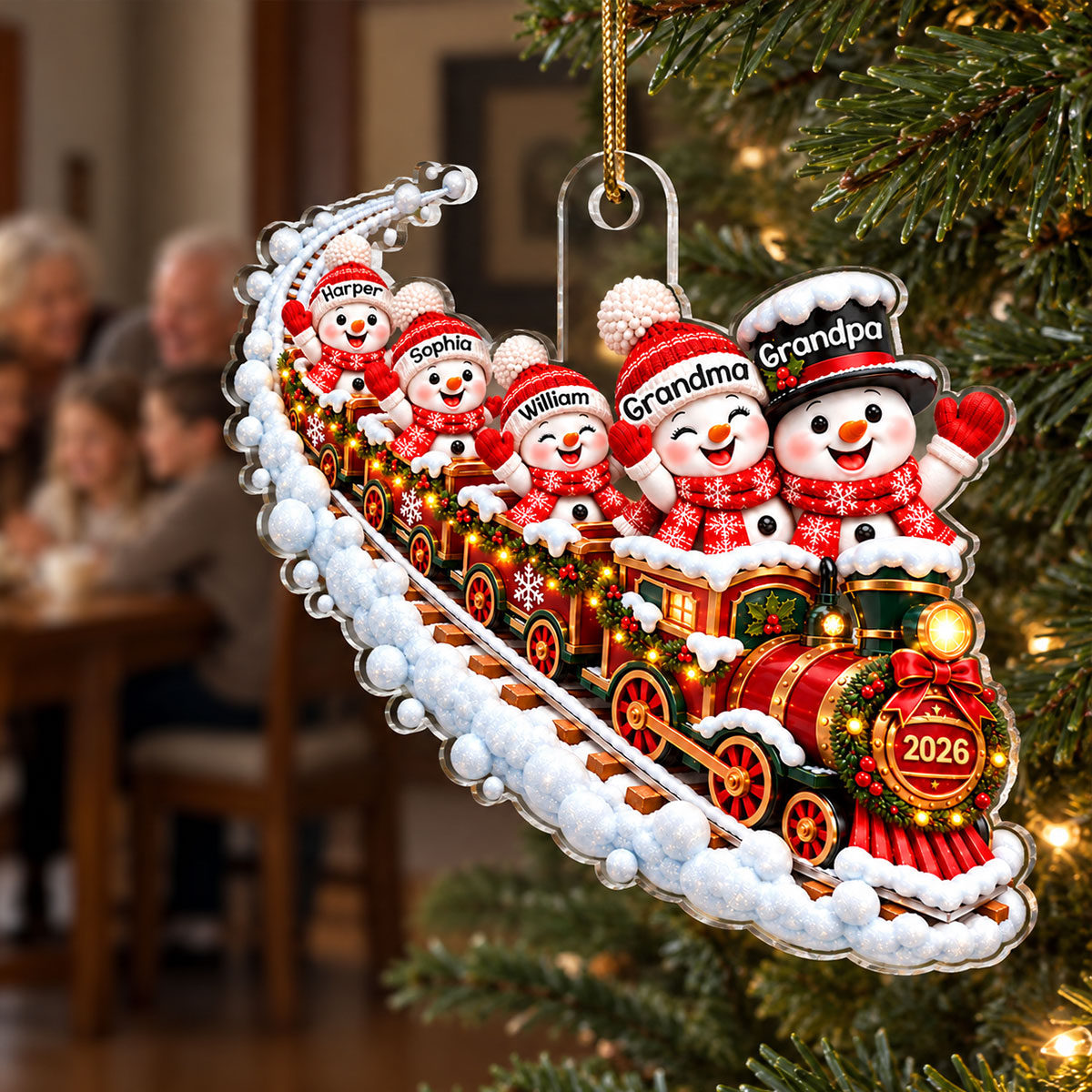 Snowman Family Grandparents Train 2D Flat - Personalized Acrylic Ornament – Christmas Family Keepsake Gift