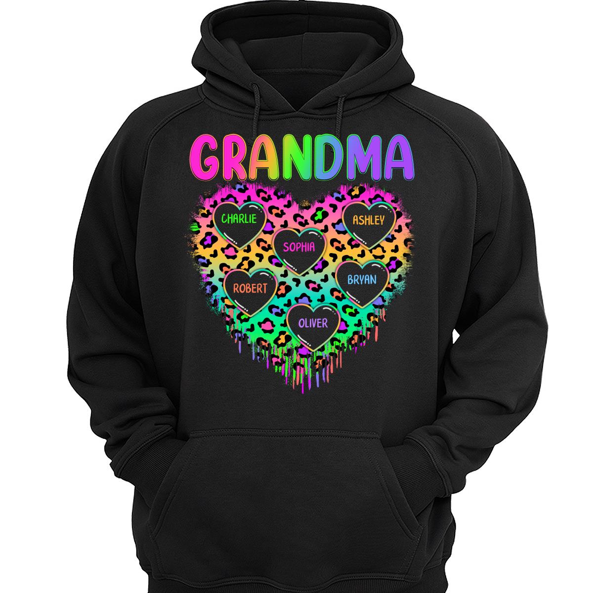 Neon Leopard Grandma Hearts In Hearts Grandkids Names Personalized Shirt