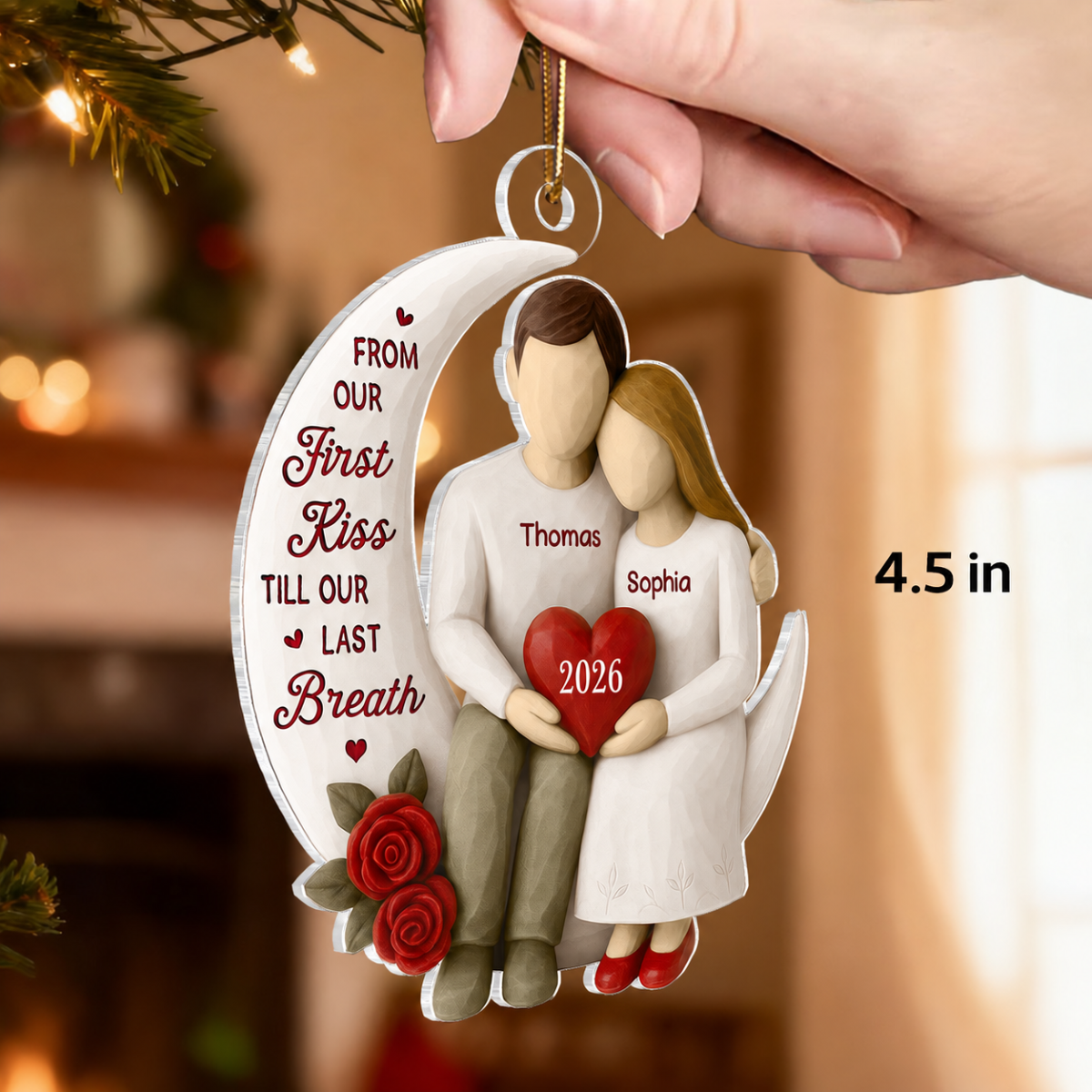 3D Effect Roses Wooden Texture Couple On Moon - Personalized Acrylic Ornament - Christmas Gift For Couple