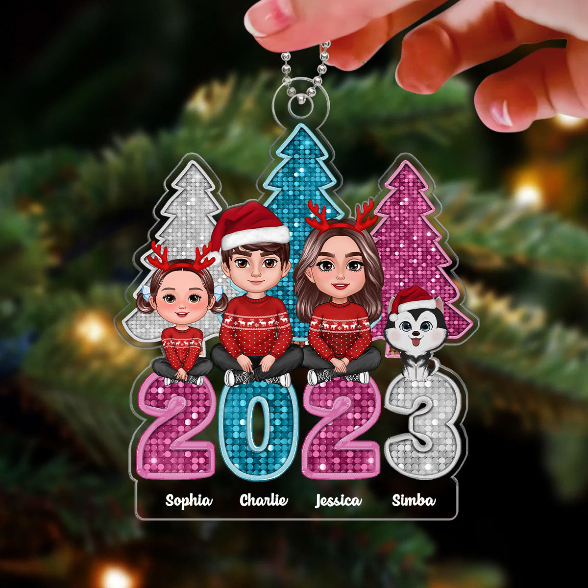 Family Sitting Crossed Legs Faux Glitter Sequins Christmas Tree Personalized Acrylic Ornament