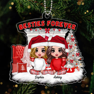 White Christmas Pajamas Doll Besties Sisters Sitting Personalized Acrylic Ornament
