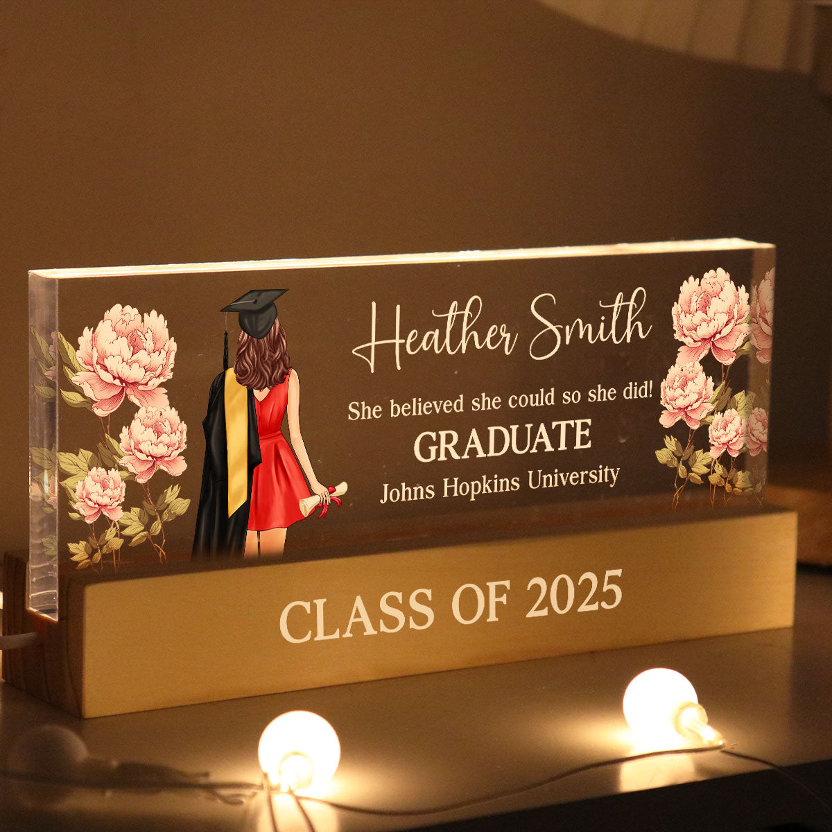 Graduation Senior Birth Month Flowers Personalized Rectangle Acrylic Block LED Night Light, Graduation Gift