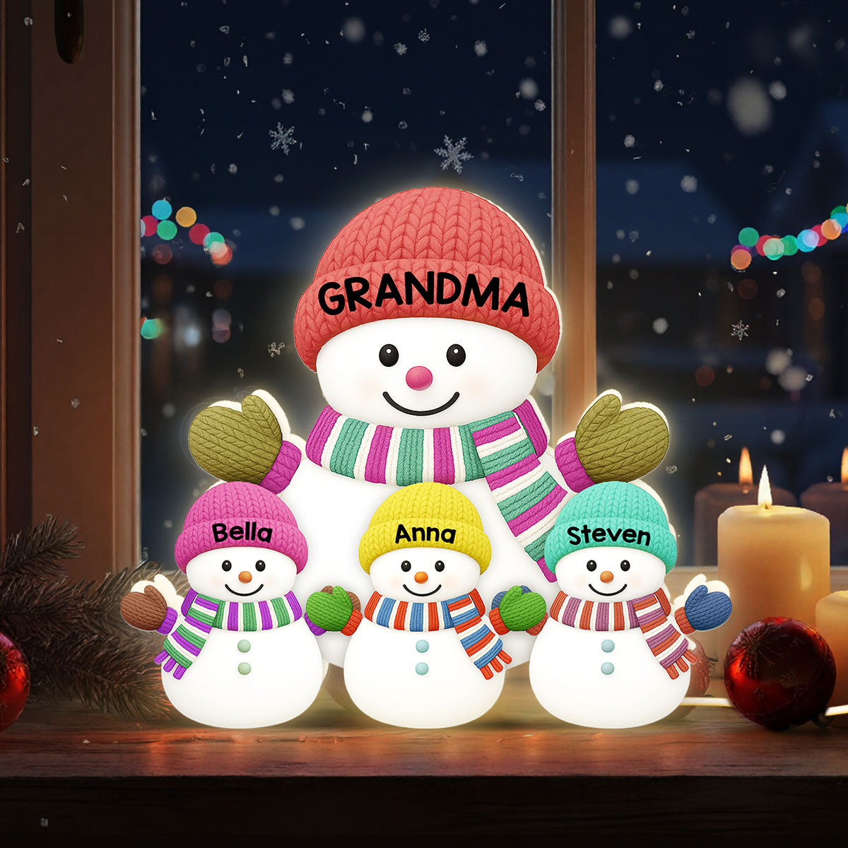 3D Effect Heartwarming Christmas Grandma Grandkids Snowman Together - Personalized Light Box - Gift For Grandmas