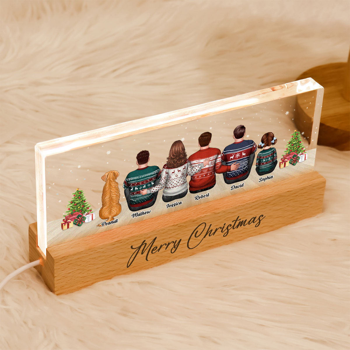 Merry Christmas Family Sitting Personalized Acrylic Block LED Night Light, Custom Family with Pets, Holidays Gift for Husband, Wife