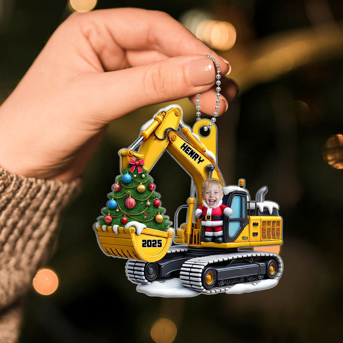 Personalized Xmas Excavator Construction Backhoe Kid Photo Ornament, 3D Effect Xmas Gift For Kids
