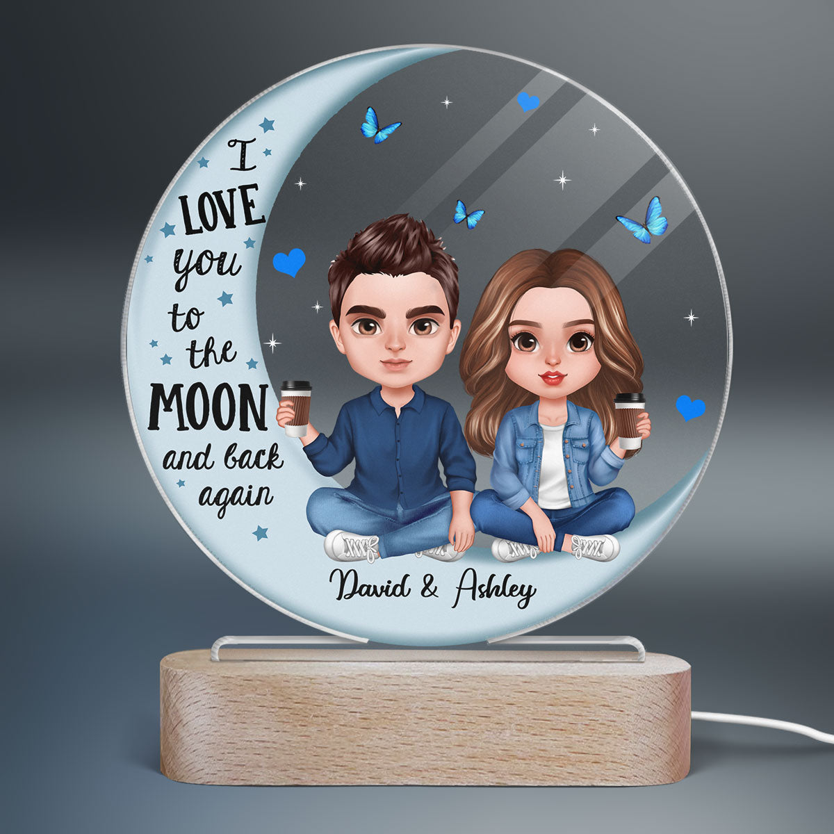 Doll Couple Sitting Realistic Blue Moon Personalized Circle Plaque LED Night Light