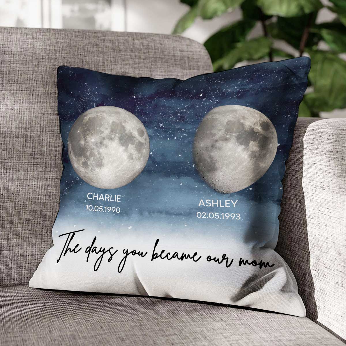 Starry Night Custom Birthday Moon Phase The Day You Became Mom Personalized Pillow, Gift