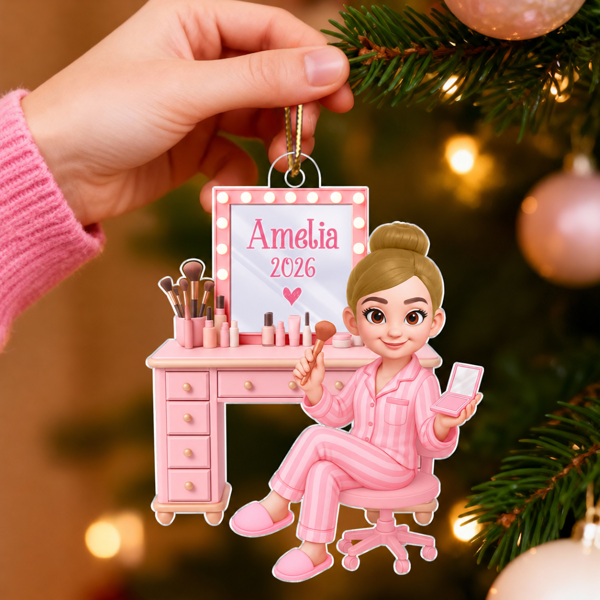 Pink Girl Makeup 3D Effect - Personalized Acrylic Ornament - Christmas Gift for Daughters, Granddaughters, Teen Girls