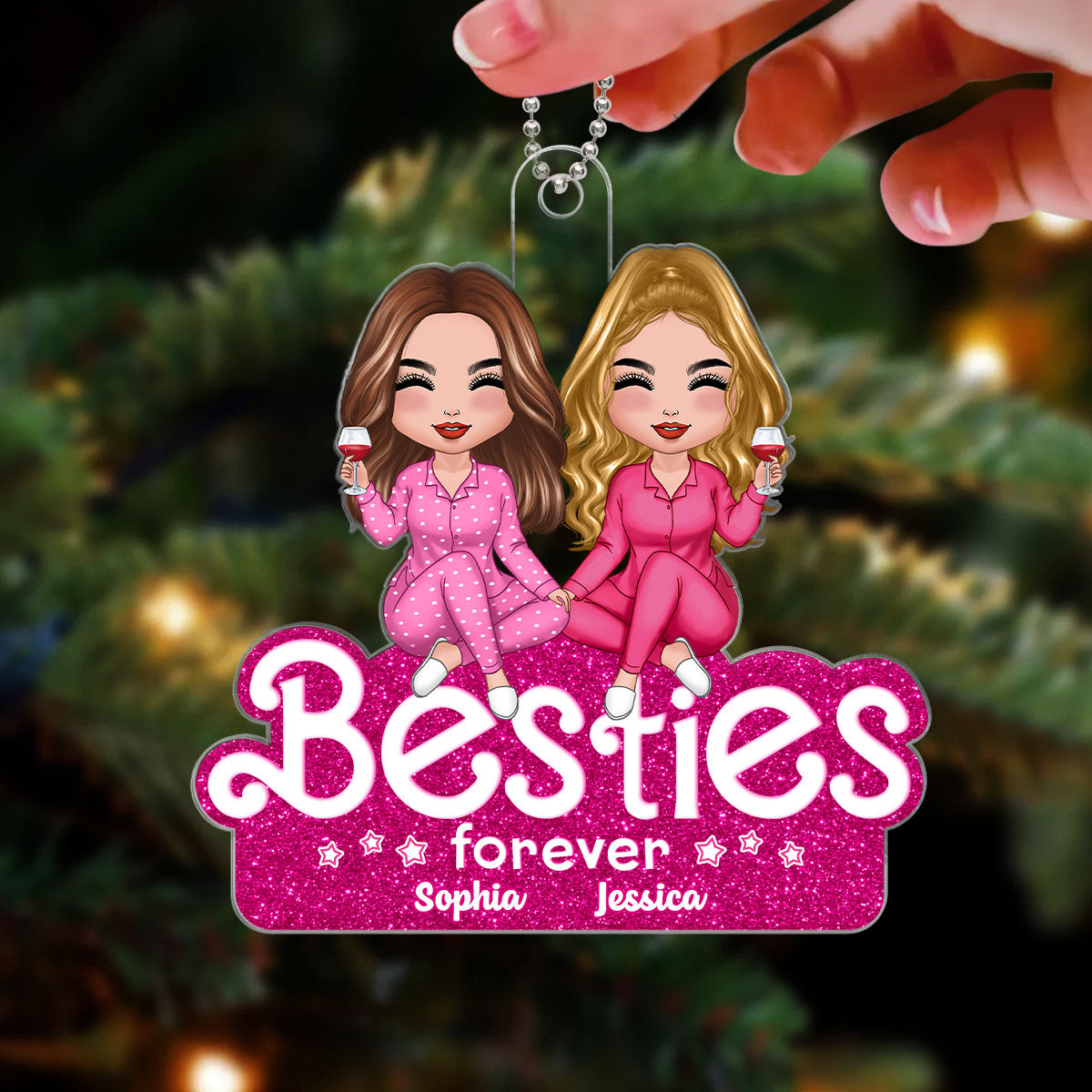 Pink Doll Besties Sisters Partners In Crime Christmas Gift For Best Friends Personalized Acrylic Ornament