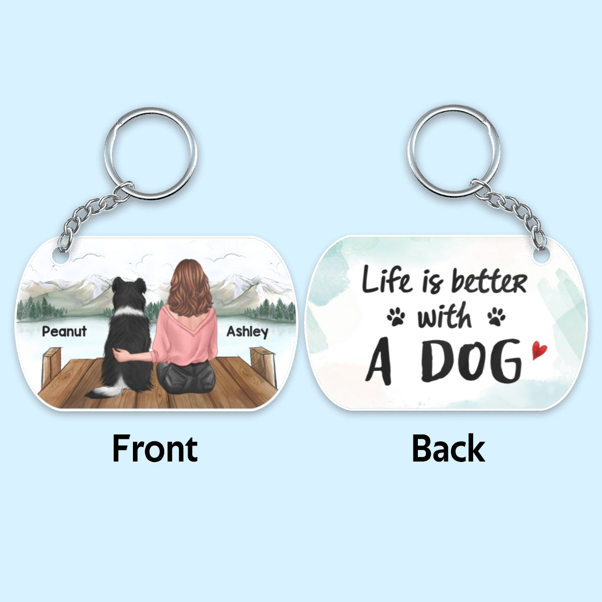Woman & Dog Sitting On Bridge Personalized Acrylic Keychain