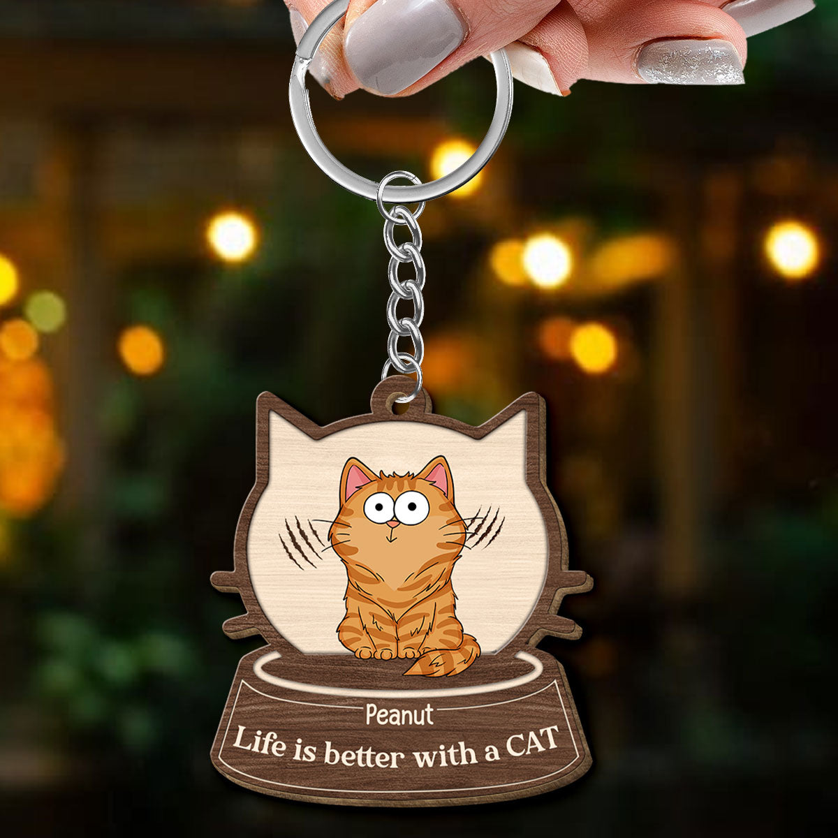 Cat Face Shaped Funny Cat Expressions Personalized Wooden Keychain