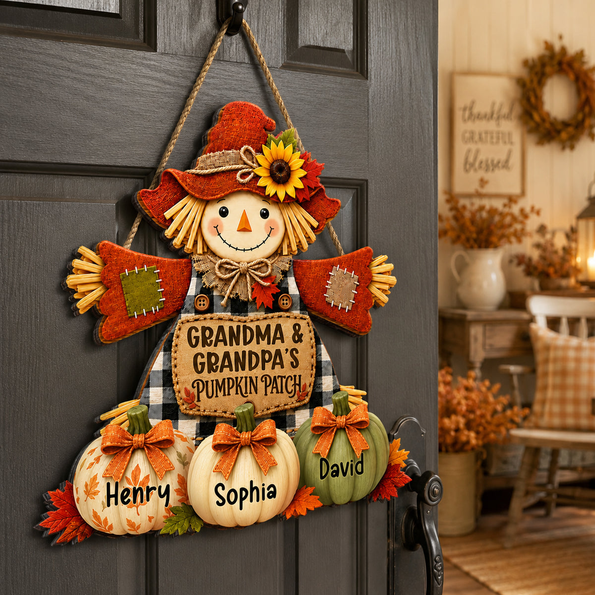 Grandma & Grandpa's Pumpkin Patch Scarecrow - Personalized Wooden Door Sign - Fall Front Porch Decor