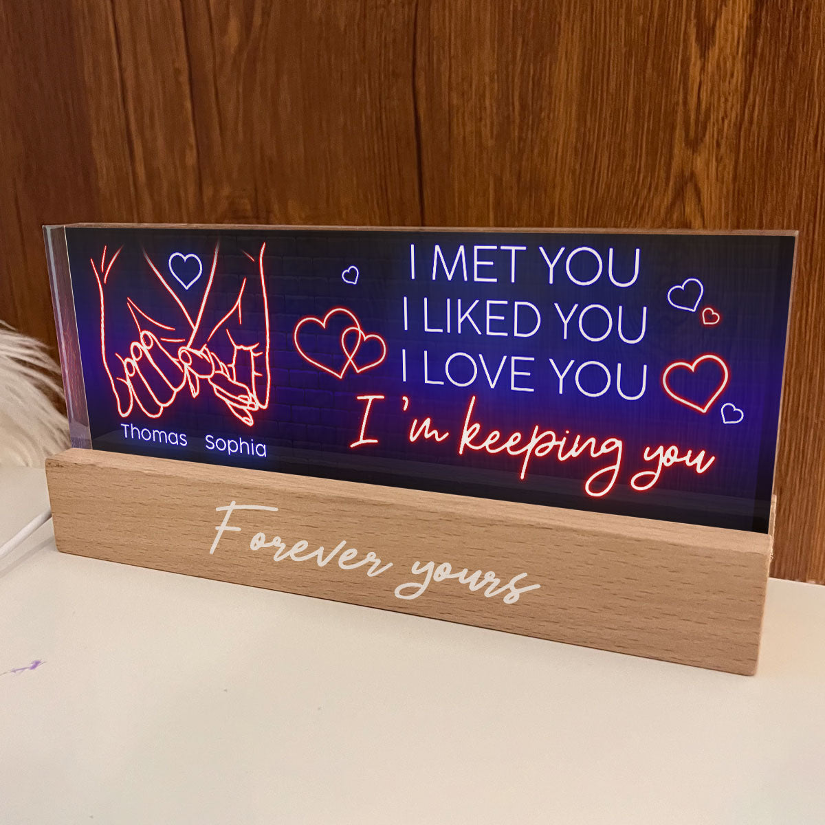 I Love You Forever Yours Couple Hand In Hand Outline Anniversary  Gift Personalized Acrylic Block LED Night Light