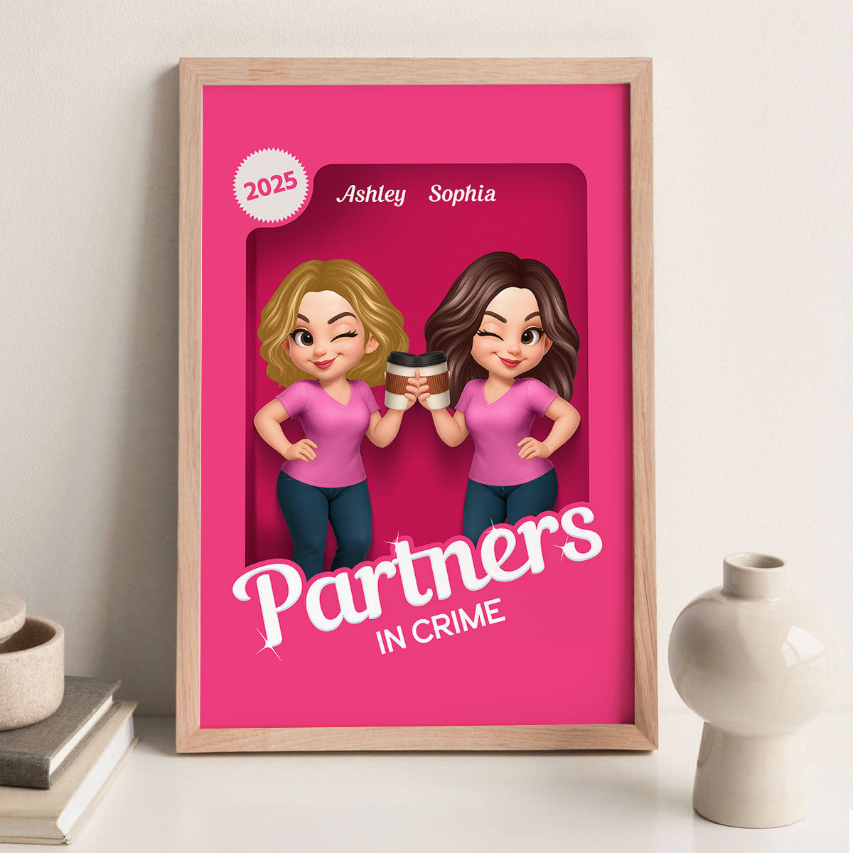 Besties Partners In Crime Pink Action Figure 3D Effect Personalized Poster