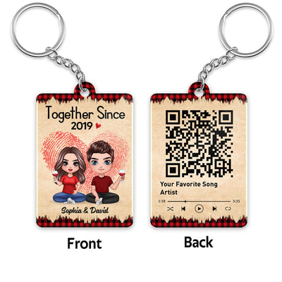 Fingerprint Checkered Pattern Doll Couple Sitting Favorite Song Scannable QR Code Personalized Acrylic Keychain