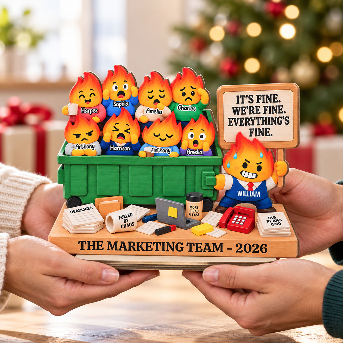 Dumpster Fire Team 2D Flat - Personalized Wooden Plaque – It's Fine We're Fine Everything's Fine, Funny Coworker Gift 2026
