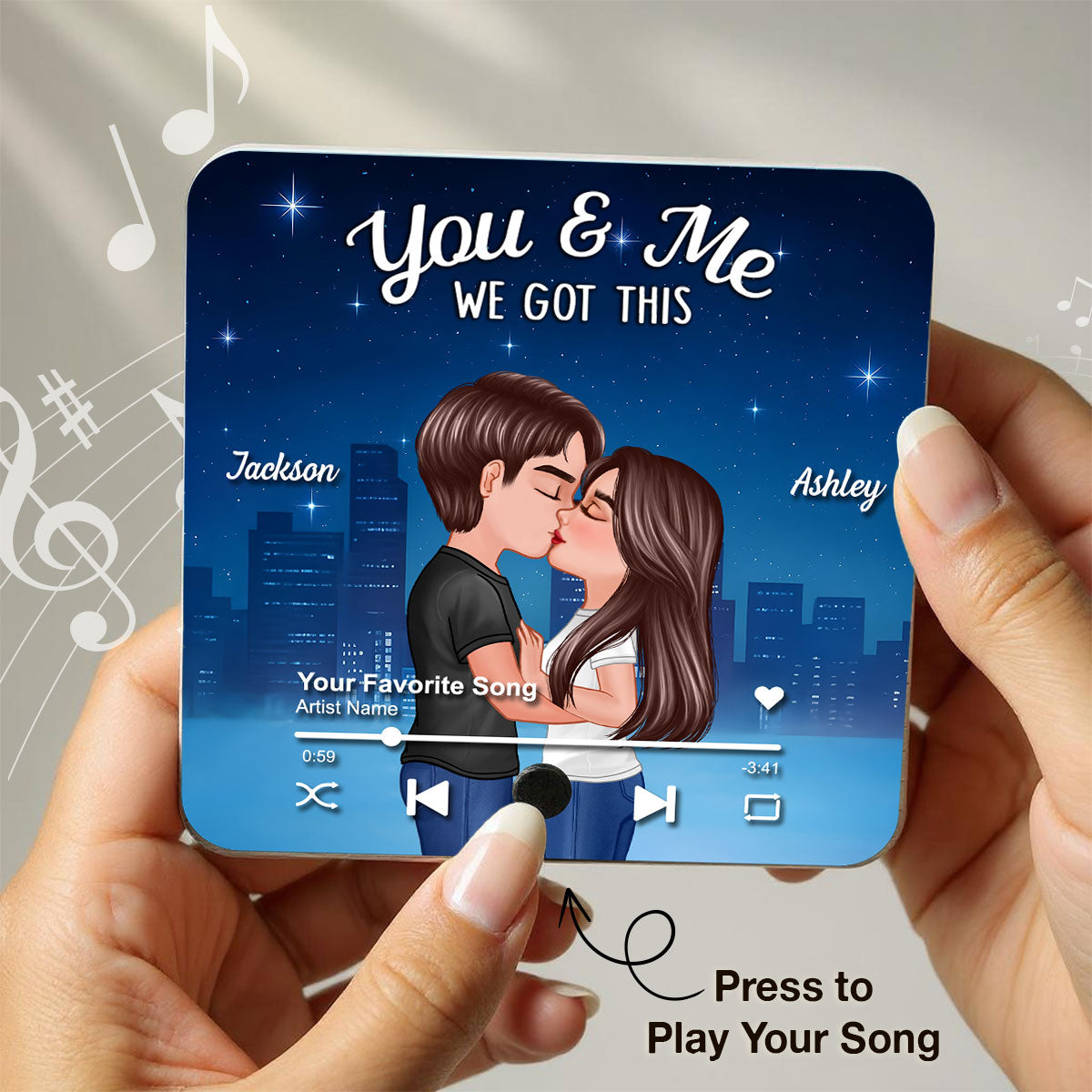 Couple Kissing Neon City Night Skyline Personalized Music Magnet, Anniversary gift for him, for her