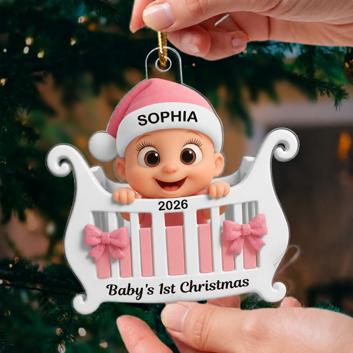 3D Effect Cute Cartoon Baby In Crib Baby's 1st Christmas Personalized Acrylic Flat Ornament