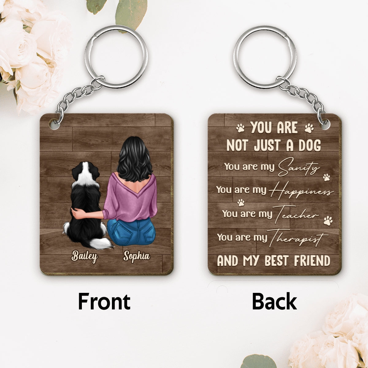 Back View Woman Sitting With Dogs You Are My Sanity Personalized Wooden Keychain