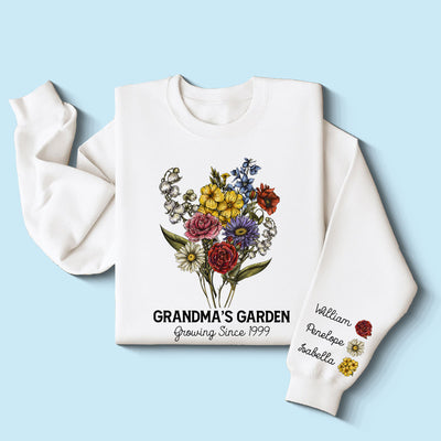 Grandma‘s Garden Beautiful Vintage Birth Month Flowers Bouquet Personalized Sleeve Printed Sweatshirt