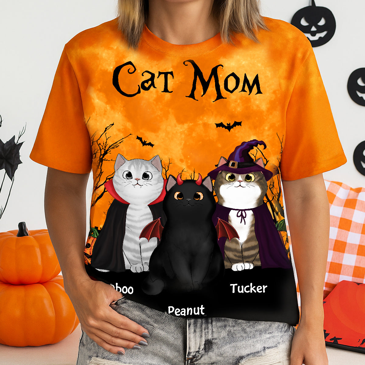 Cat Mom Halloween Moon Light Bat Tree - Personalized 3D Shirt
