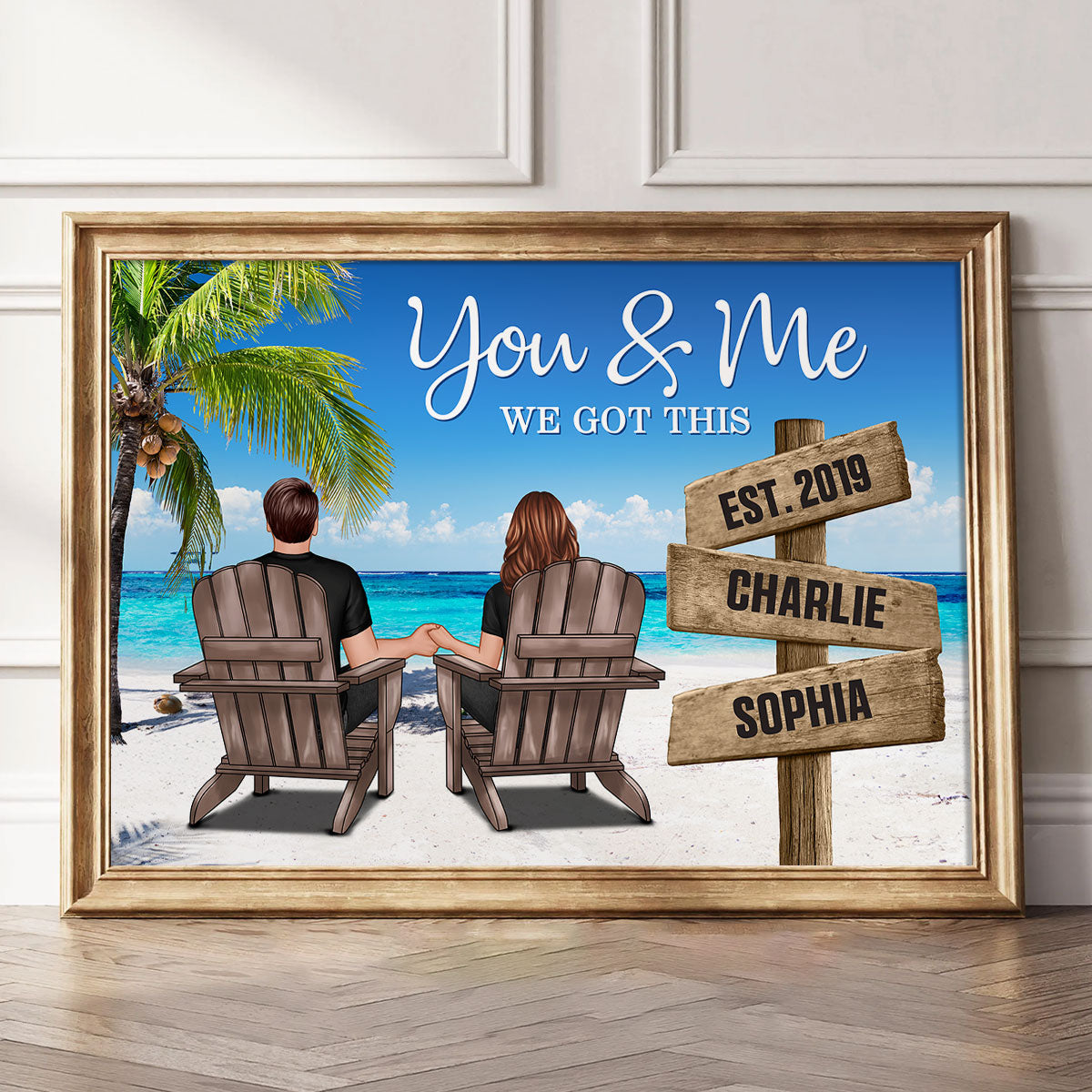 Ocean Breeze Couple Sitting Direction Sign Personalized Poster, Anniversary Gift for Him for Her