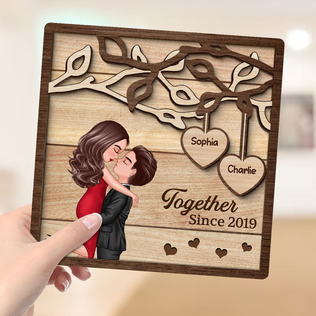 Couple Kissing Under Tree Hugging Kissing Couple Personalized 2-Layer Wooden Plaque
