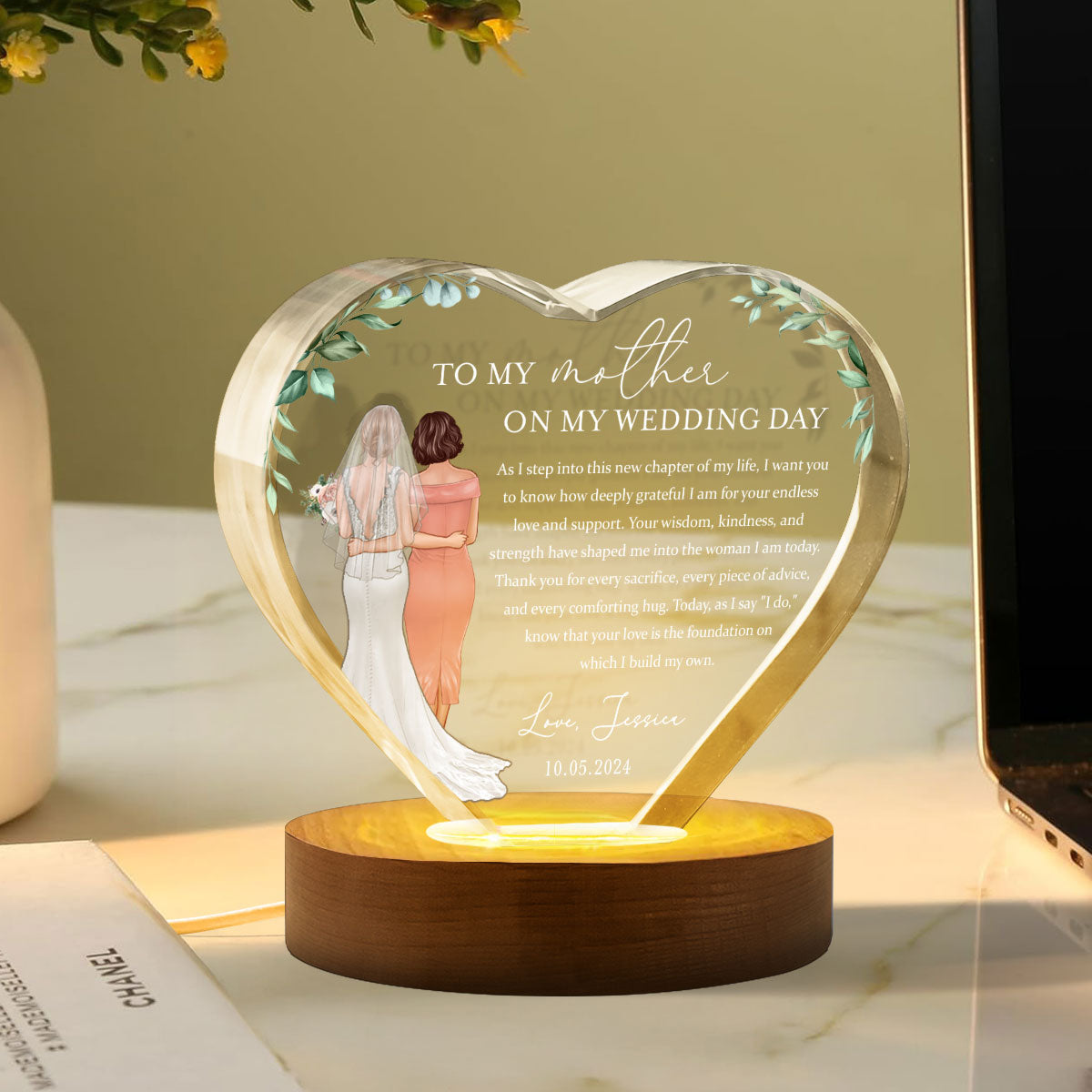 Personalized Wedding Mother of the Bride Gift from Daughter, a Treasure Forever Custom Premium Crystal Heart LED, Free Shipping Included
