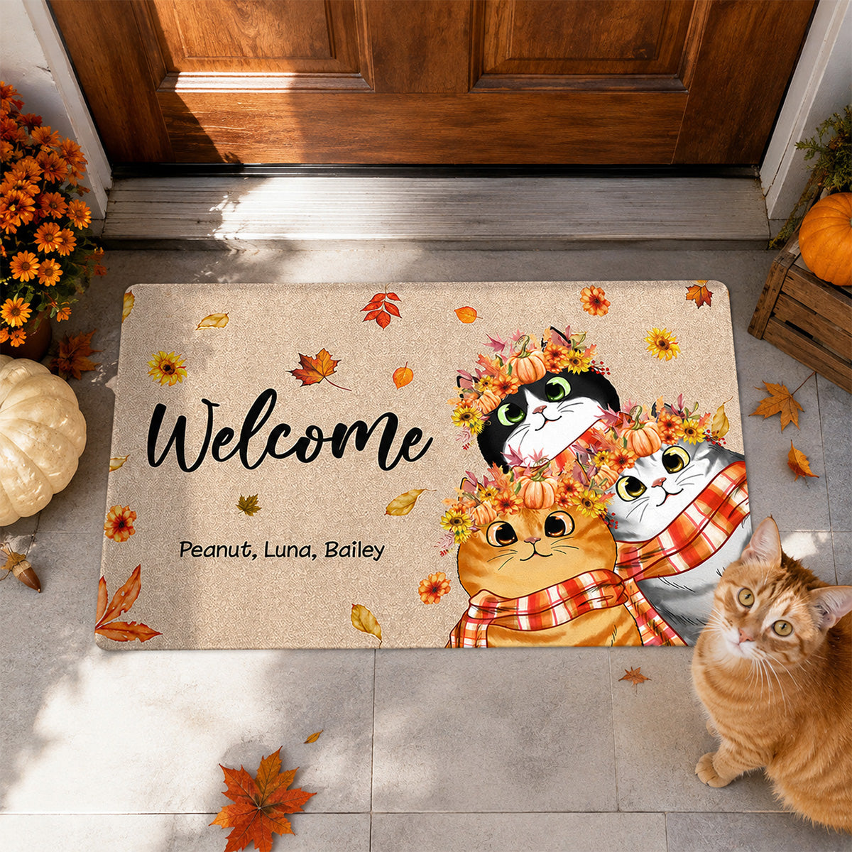 Hello Fall Cute Fluffy Cat - Personalized Doormat - Fall Season Decor For Cat Lover