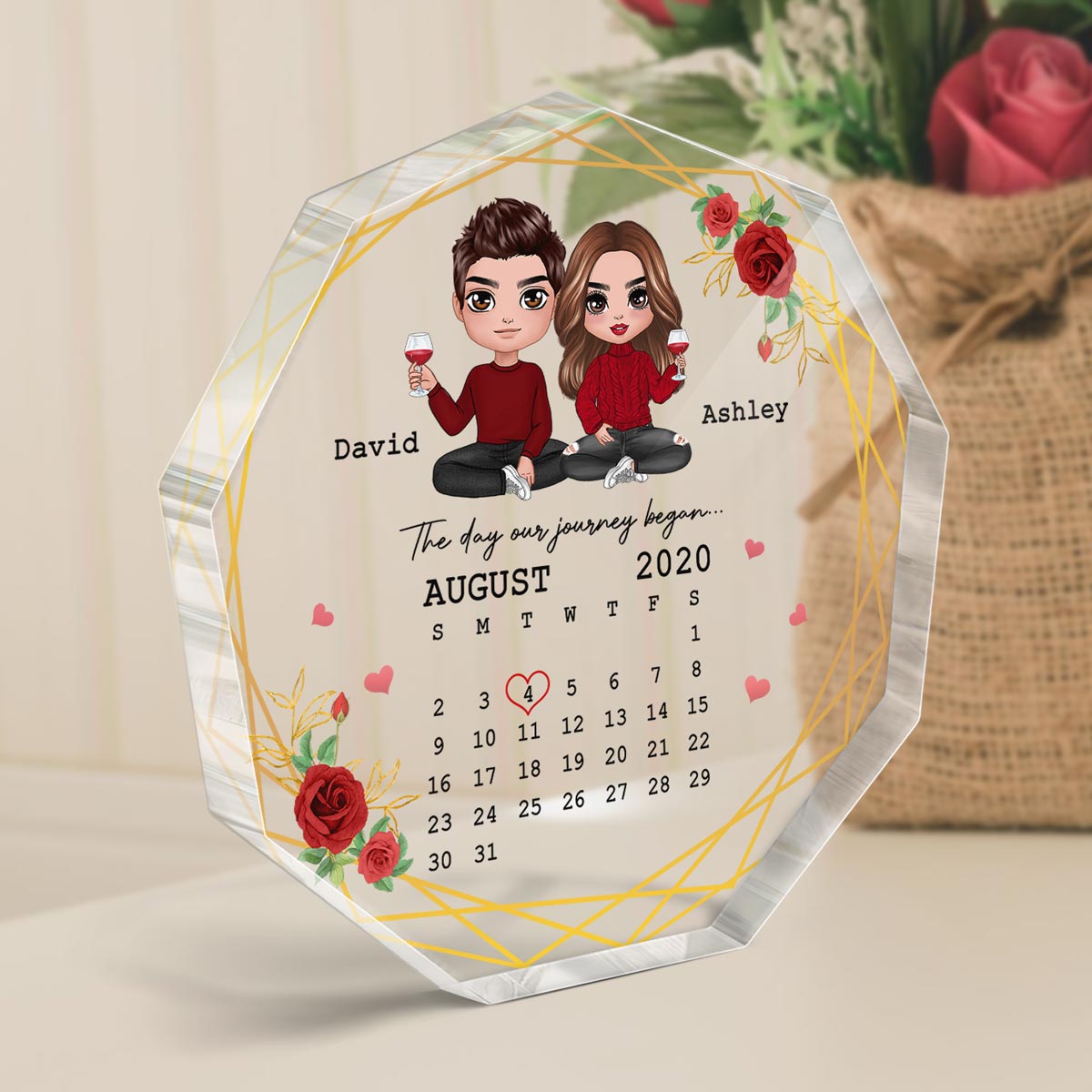 Flower Frame Doll Couple Sitting Calendar Personalized Nonagon Acrylic Plaque - Gift For Him Gift For Her