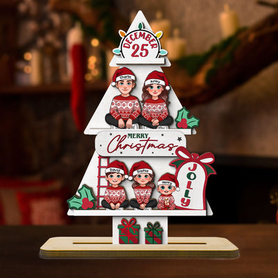 Pine Tree Christmas Family Sitting Personalized 2-Layer Standing Wooden Plaque