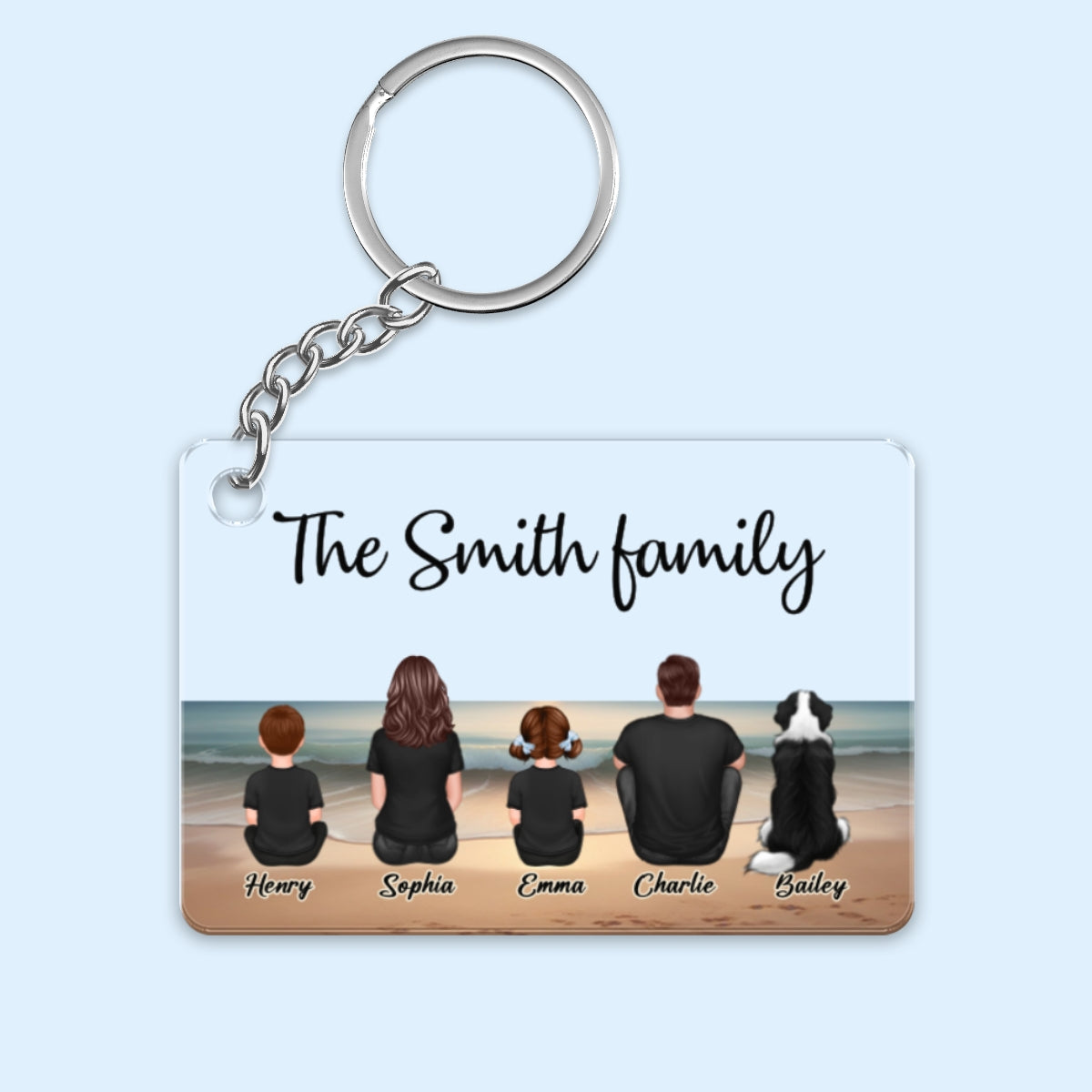 Family Sitting Realistic Beach Landscape Personalized Acrylic Keychain, Gift For Family