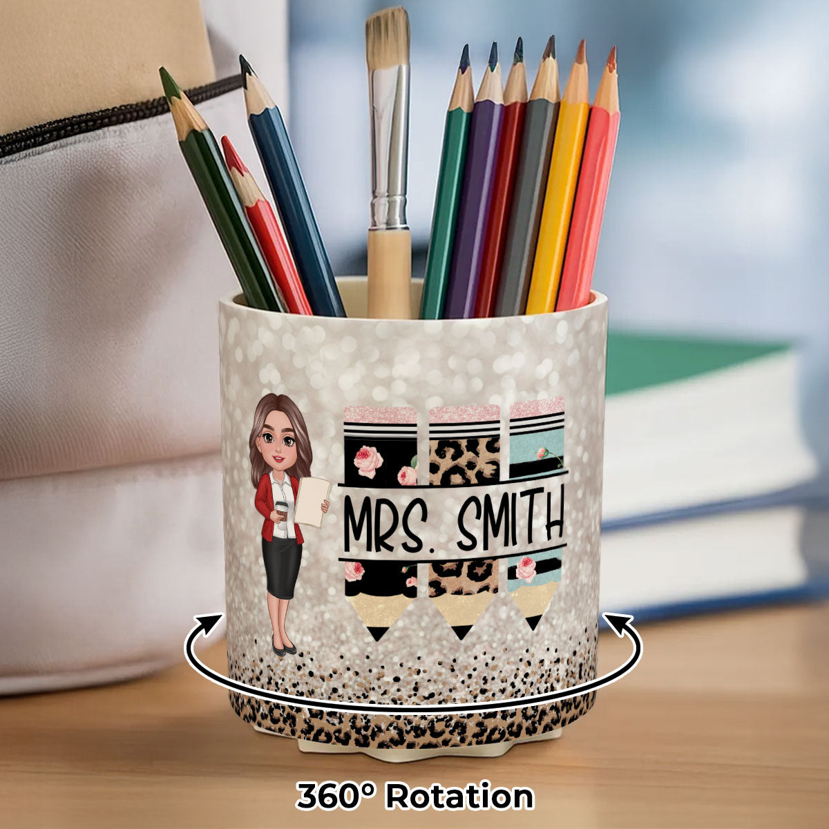 Teacher Leopard Rainbow Personalized Rotating Pen Holder, Teacher Appreciation Gift, Back To School Gift