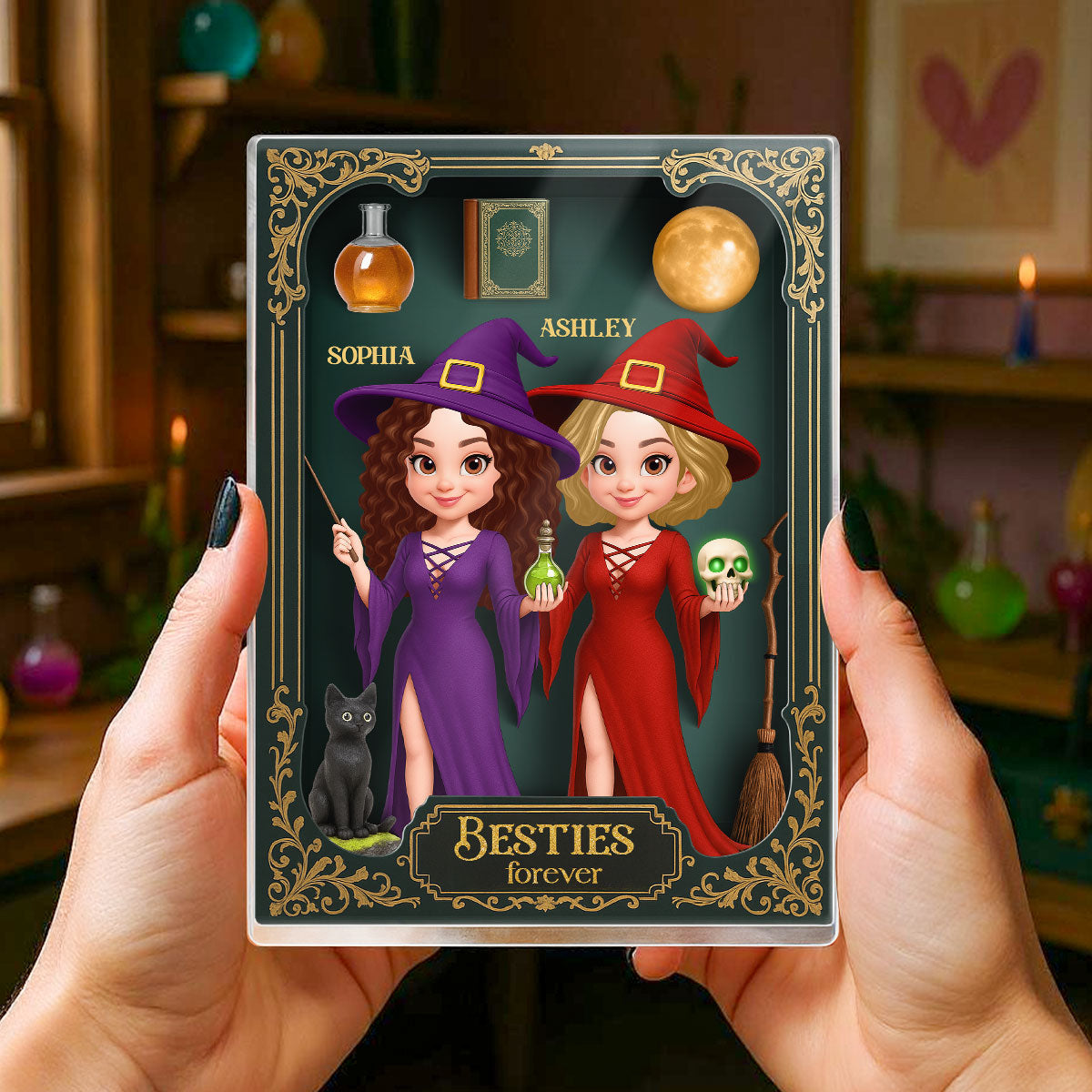 Besties Sisters 3D Effect Witch Action Figure Gothic Style Personalized Acrylic Block