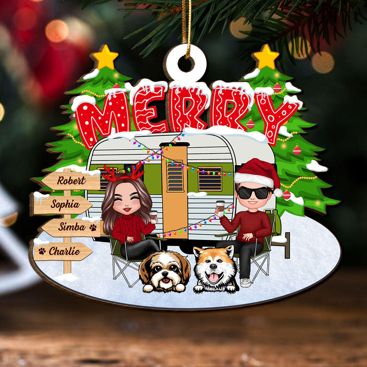 Couple And Dogs Camping Merry Christmas Personalized Wooden Ornament