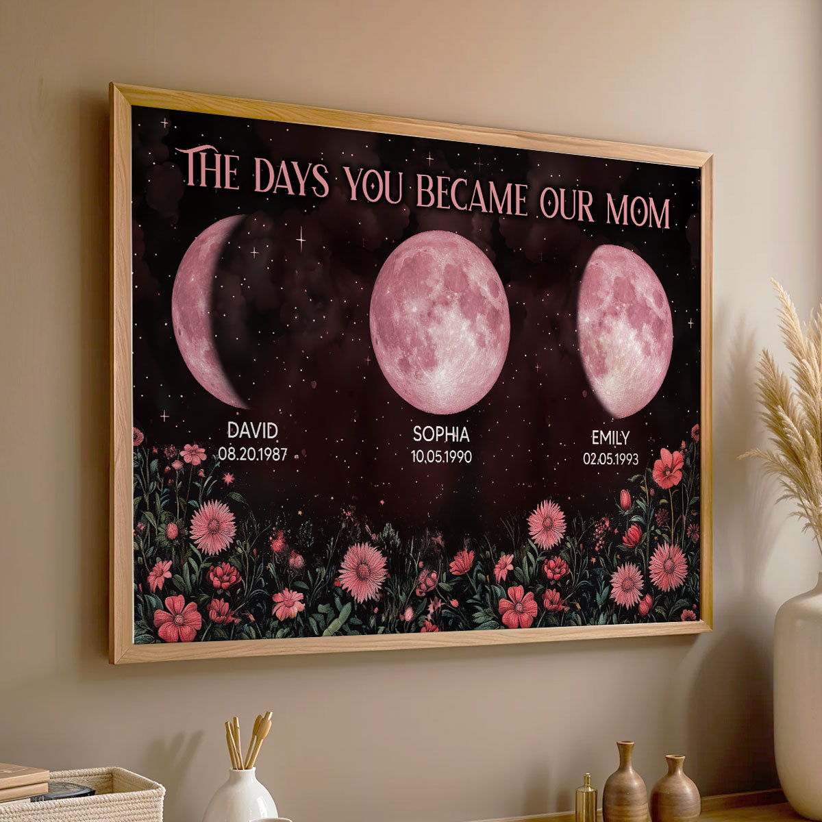 Vintage Flowers The Days You Became Our Mom Pink Birthday Moon Phase Personalized Poster