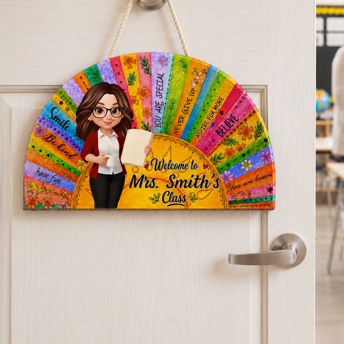 Welcome To Teacher Classroom Boho Sun Colorful Message - Personalized Door Hanger Sign - Back To School Gift For Teacher
