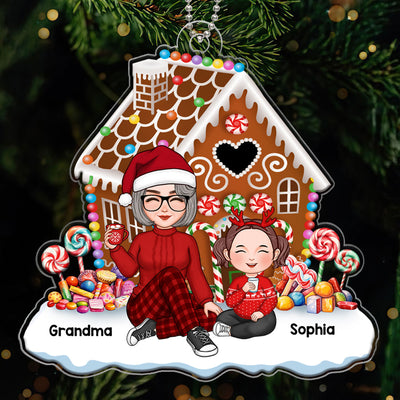 Cute Grandma & Grandkids Granddaughters Grandsons Sitting Christmas Gingerbread House Personalized Acrylic Ornament