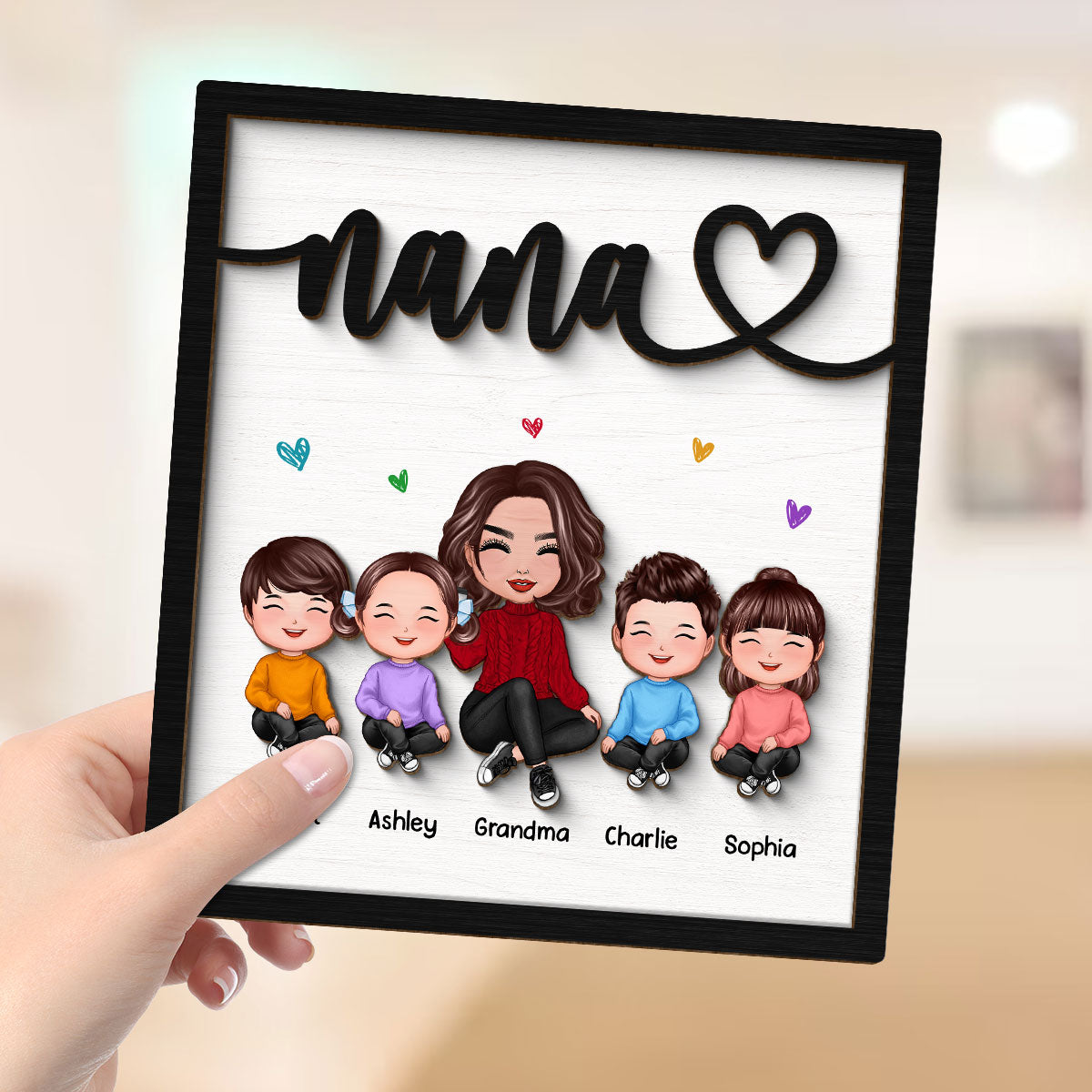 Grandma Grandkids Sitting Happy Face Personalized 2-layer Wooden Plaque