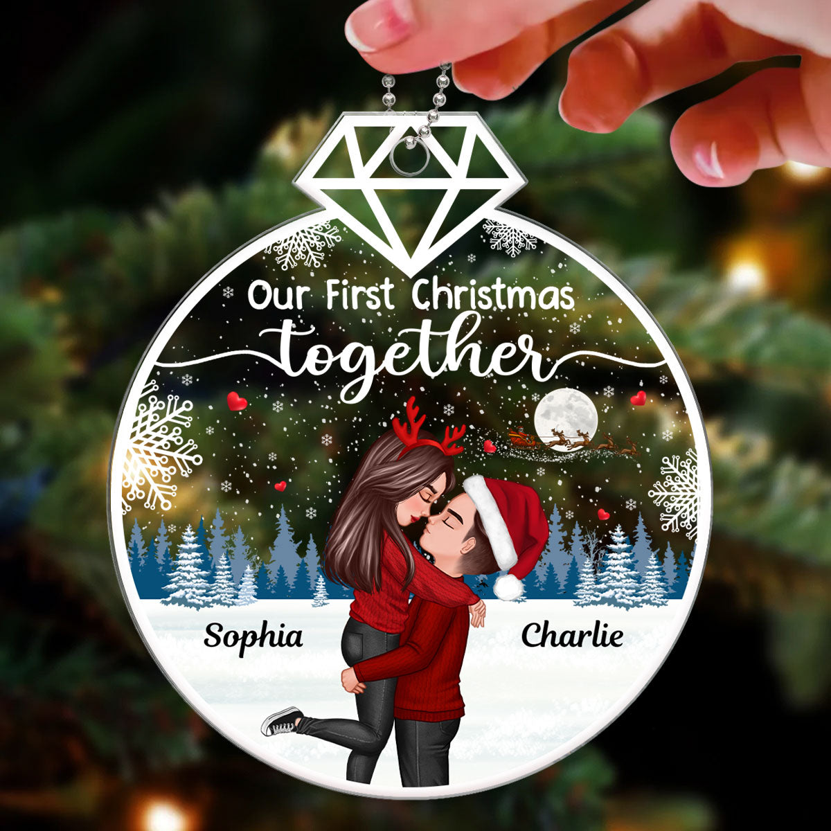 Our First Christmas Ring Shape Doll Couple Hugging Kissing Personalized Acrylic Ornament