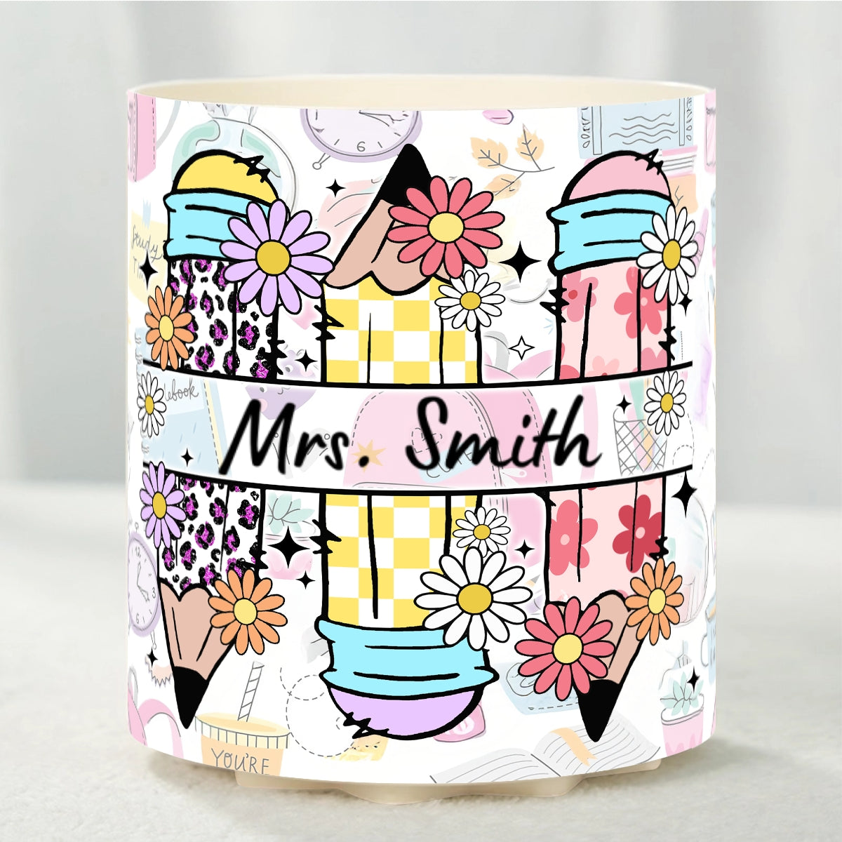 Teacher Life Doodle Pattern Personalized Rotating Pen Holder, Teacher Appreciation Gift, Back To School Gift