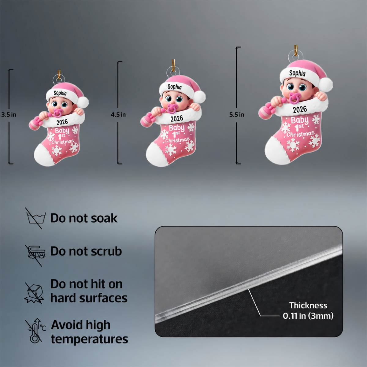3D Effect Cute Cartoon Baby In Stocking Baby's 1st Christmas Personalized Acrylic Flat Ornament