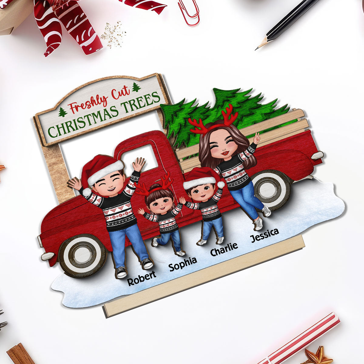 Happy Family With Christmas Truck Personalized 2-Layer Standing Wooden Plaque, Christmas Decoration, Tiered Tray Decor