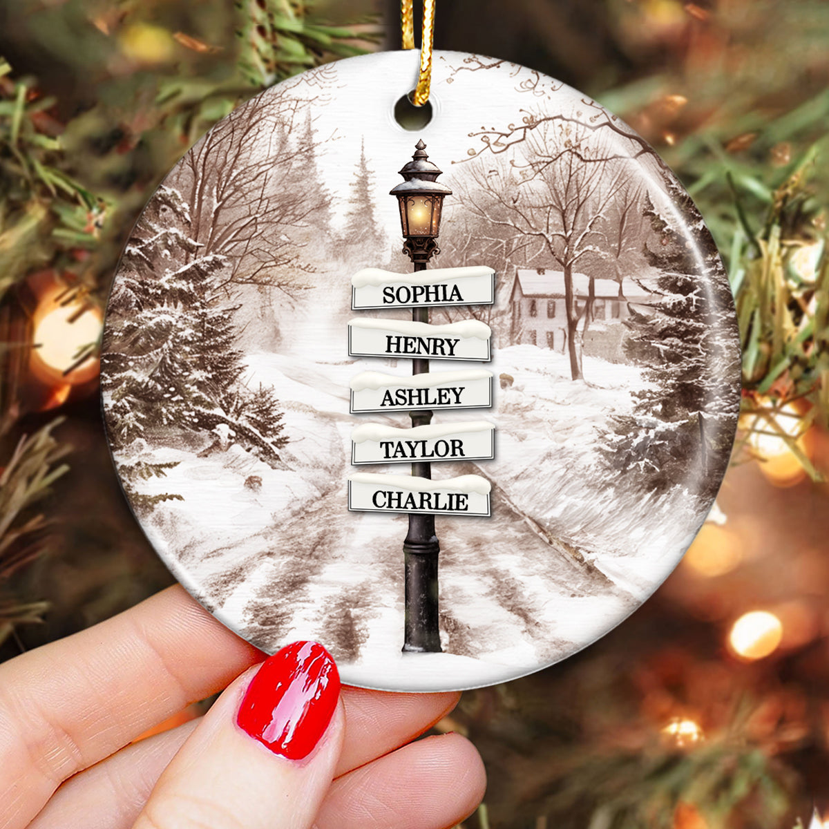 Vintage Christmas Signpost Family Personalized Ceramic Ornament