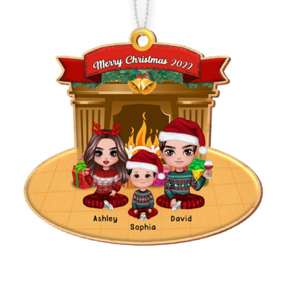 Doll Family Sitting Christmas Tree Personalized Wooden Ornament